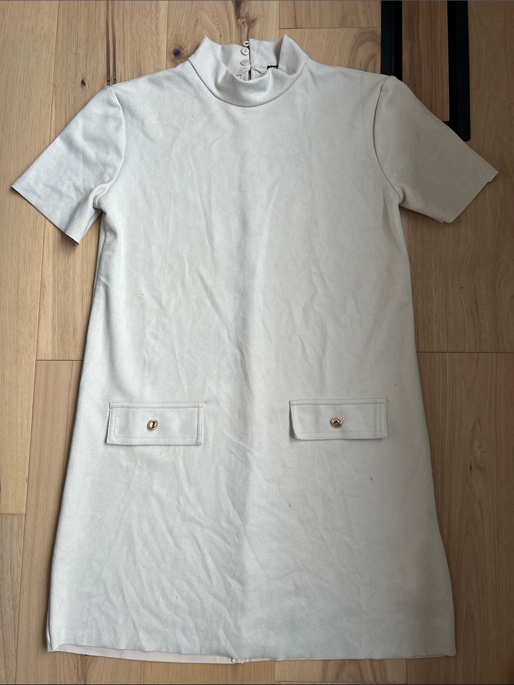 Zara Cream Short-Sleeve Mock Neck Shift Dress with Pocket Flaps